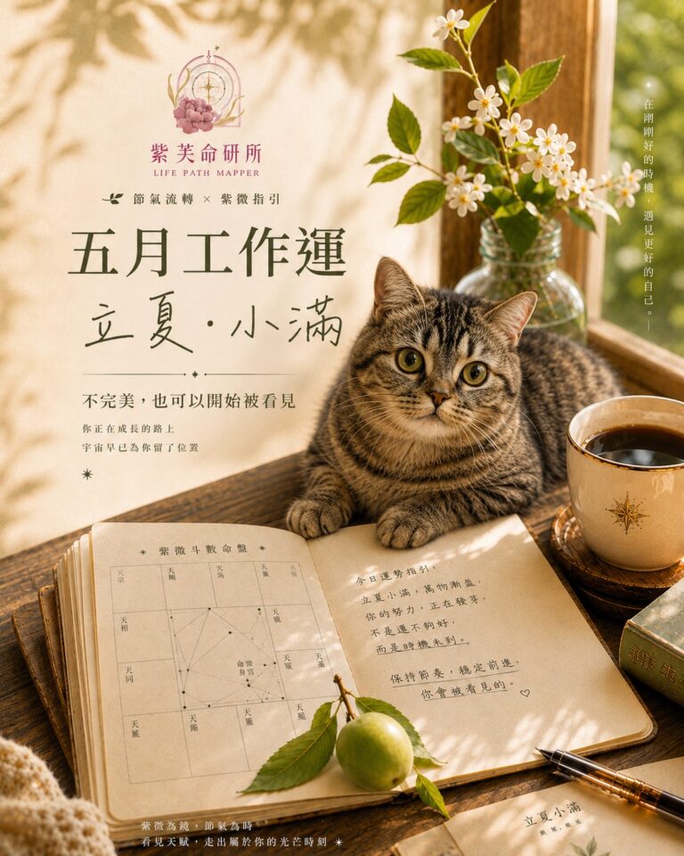 立夏小滿工作運，一顆還沒成熟的果實放在紫微命盤筆記旁，象徵不完美也可以開始被看見。